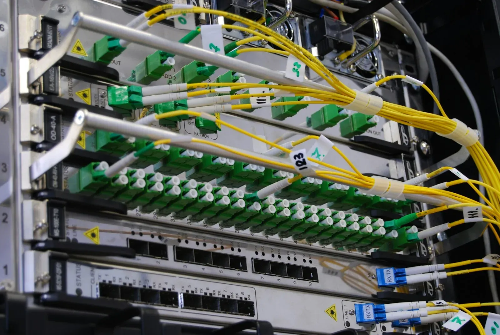 patch cords de fibra óptica conectados en un rack